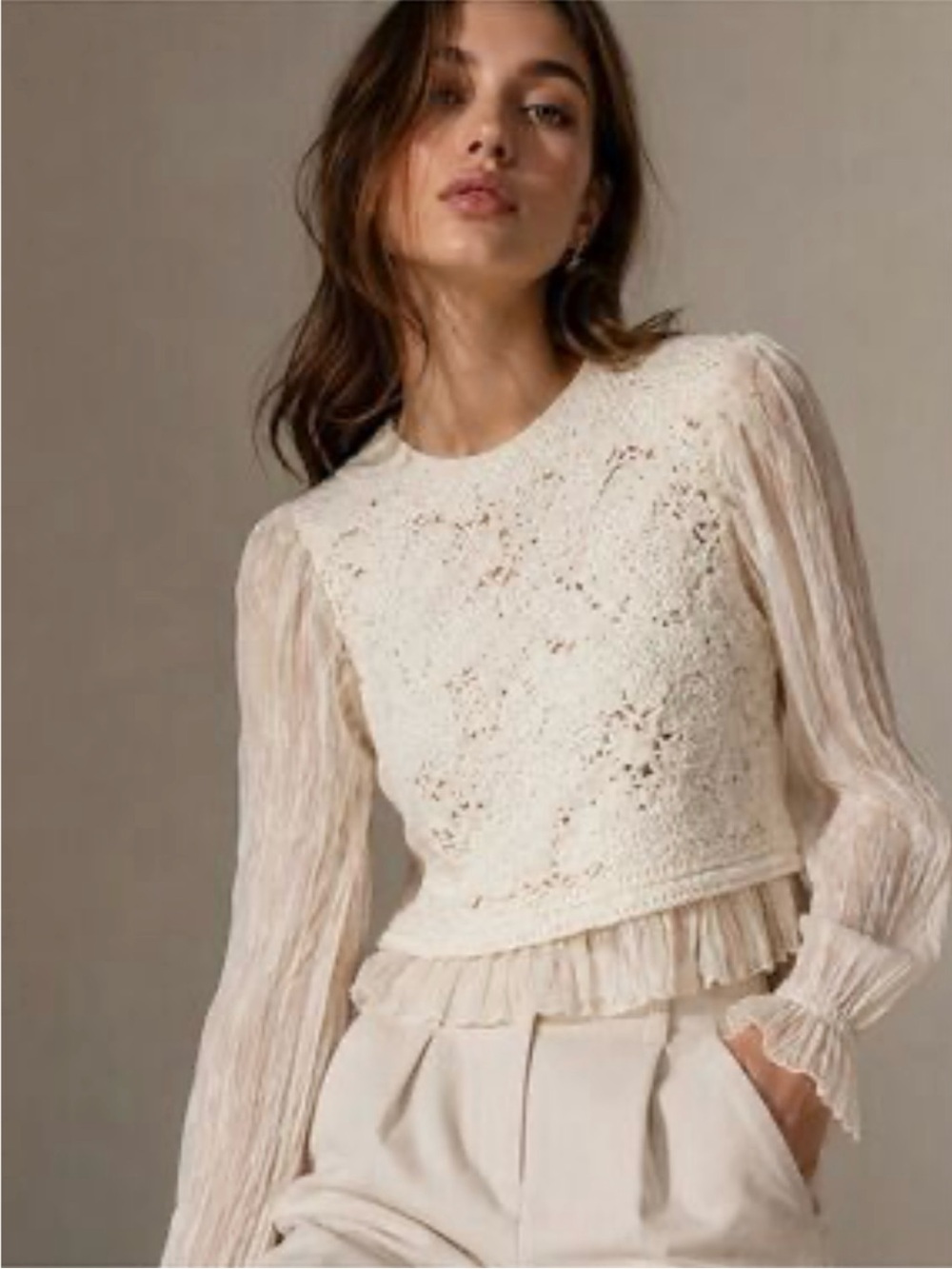 New ZARA Crochet Lace Long-Sleeve Peplum Hem Blouse